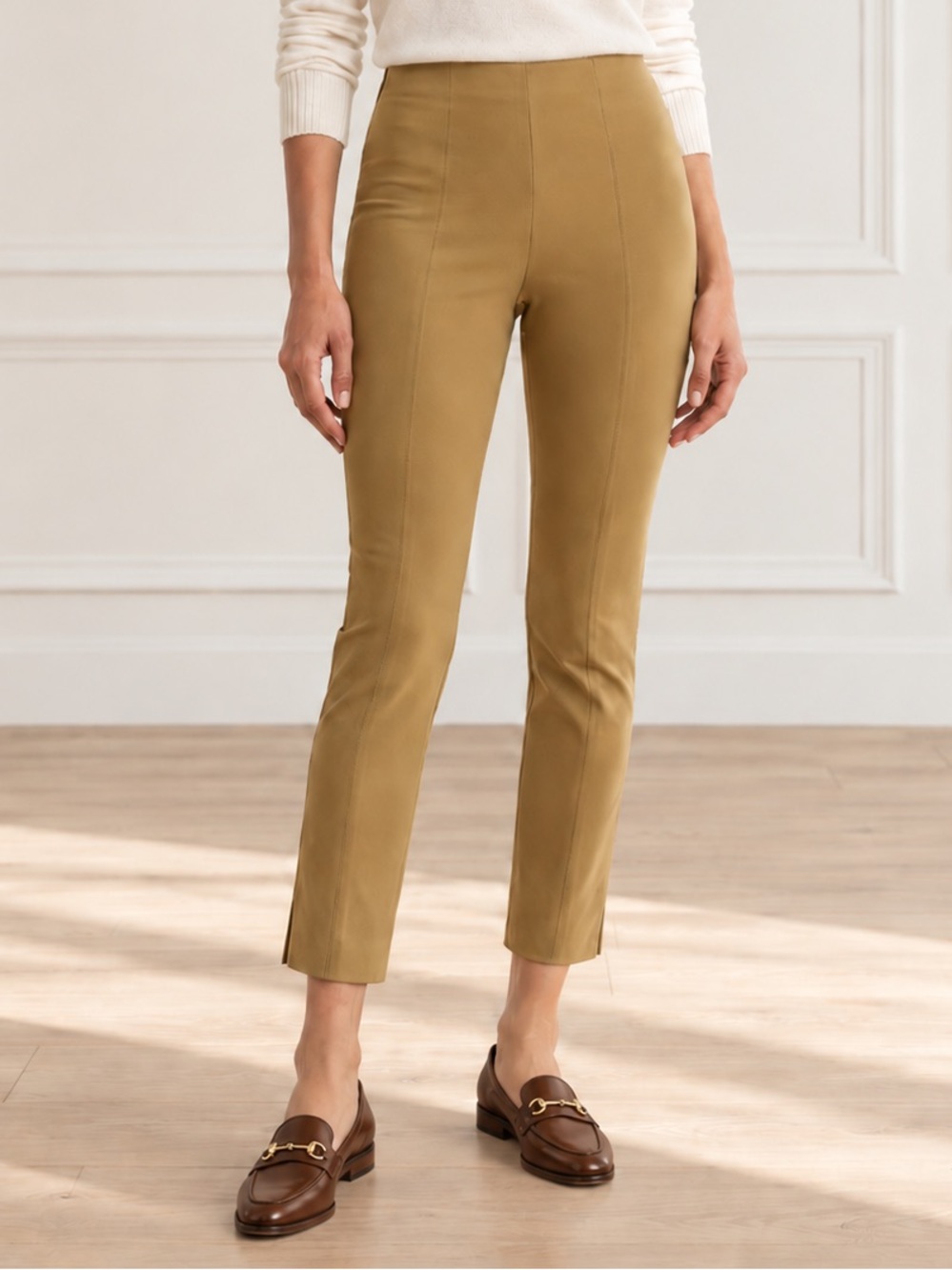 Vince Bobbi High Rise Ponte Leggings Small Oak Wood Stitch Seam Ankle Slit